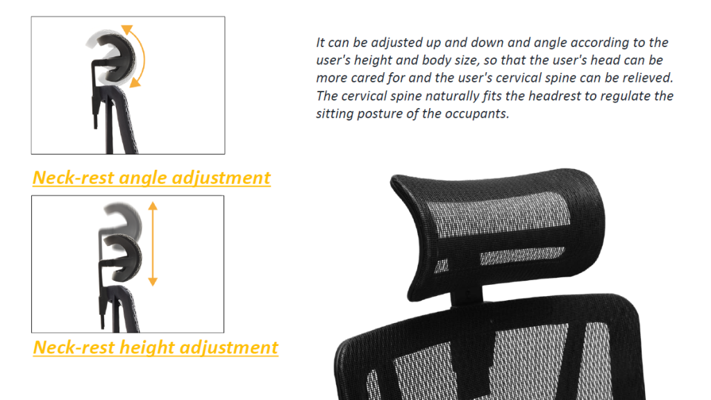 Chair with height- and angle-adjustable headrest.