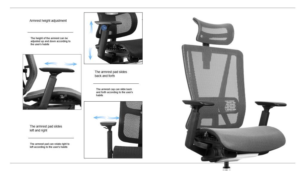 Office chair with 3D adjustable armrests.