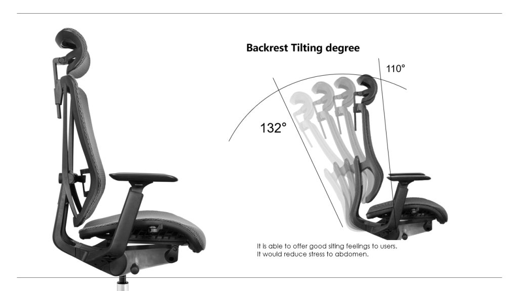 Office chair with backrest recline (110°–132°) and four locks.