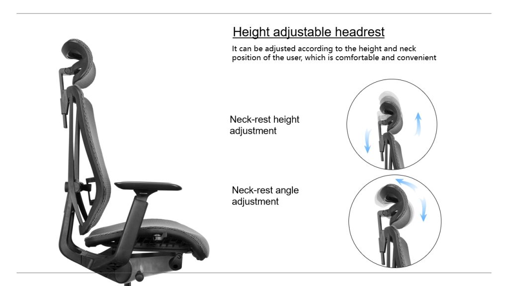 Office chair with adjustable neck rest (height and angle).