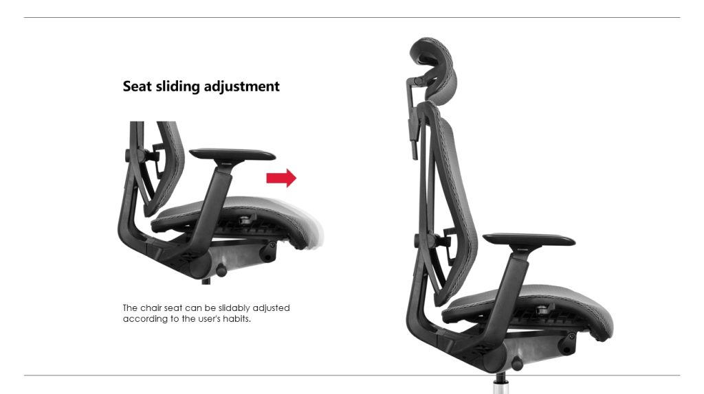 Office chair with sliding seat adjustment.