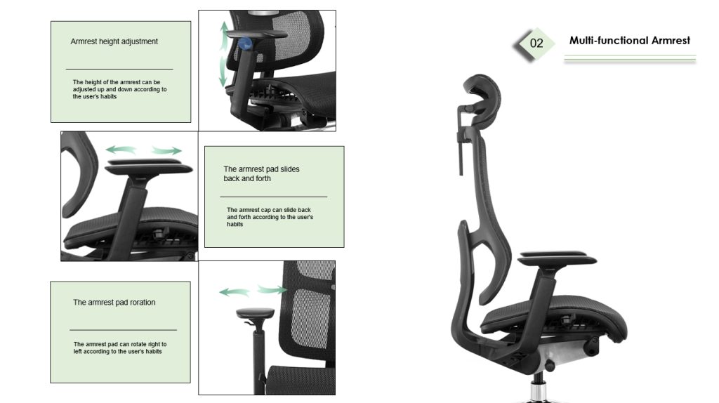Office chair with 3D adjustable armrests (height, slide, rotation).