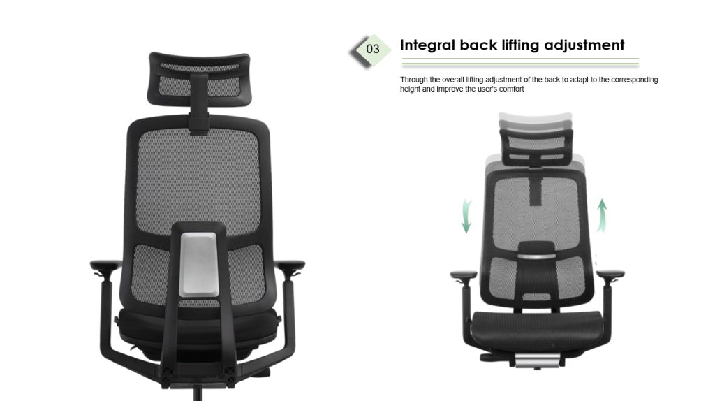 Backrest with height adjustment for lumbar alignment.