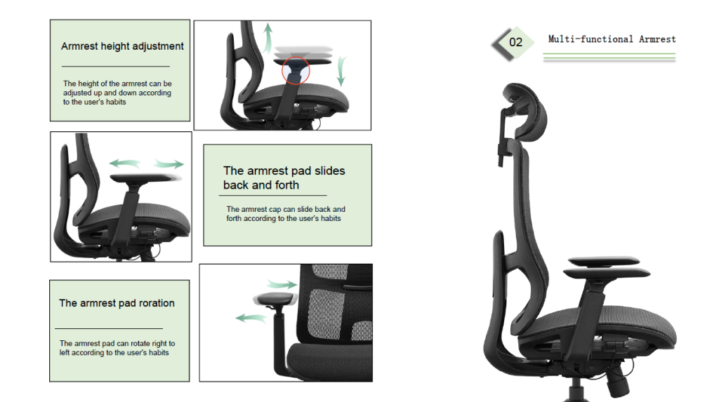 Office chair with 3D multi-directional armrests.