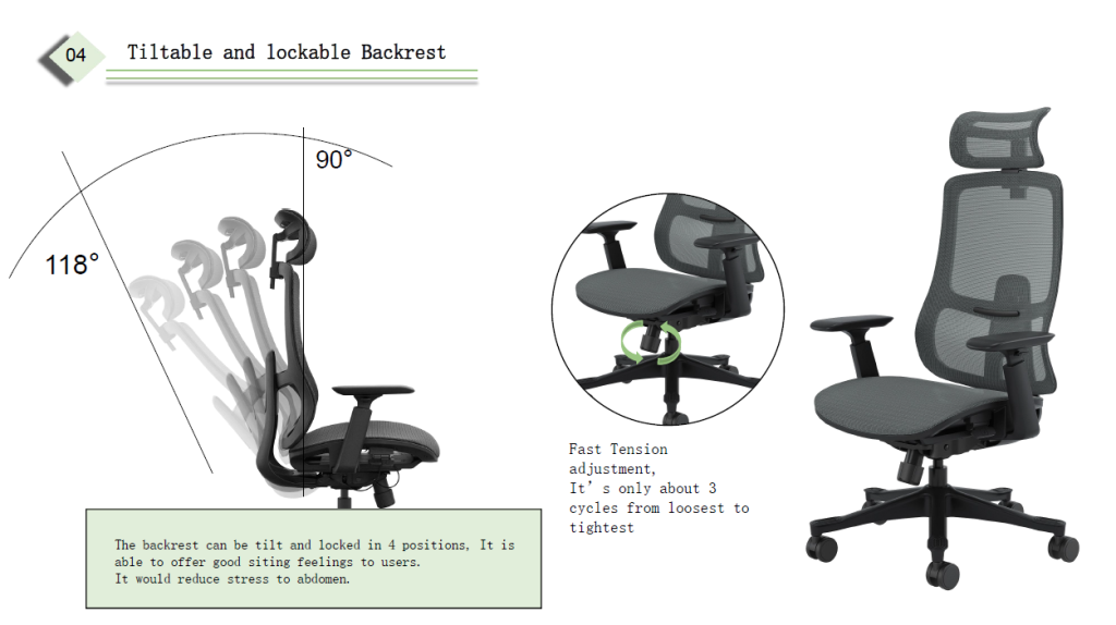 Office chair with adjustable backrest lift and tilt lock.