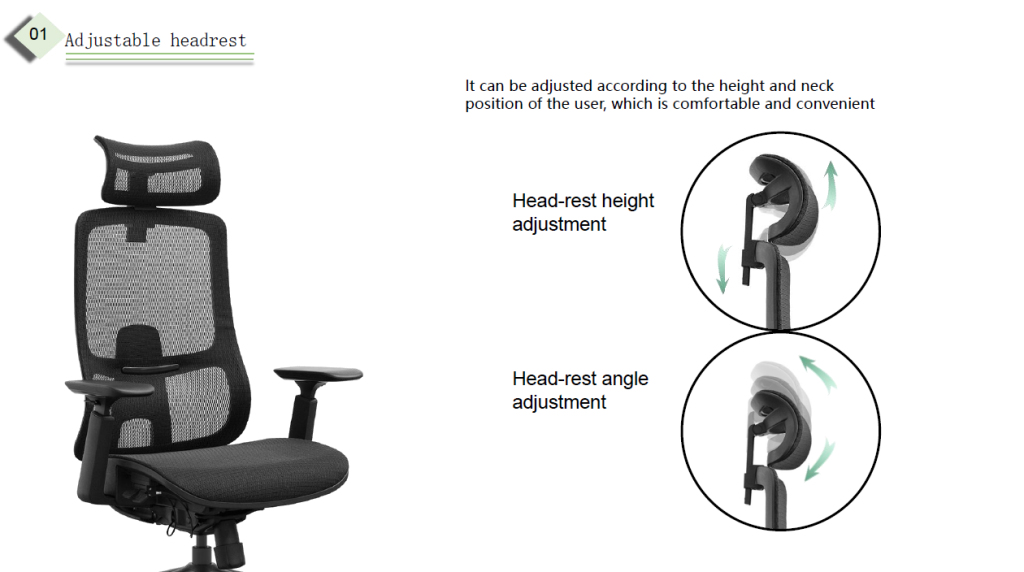 Office chair with height- and angle-adjustable headrest for tall users.