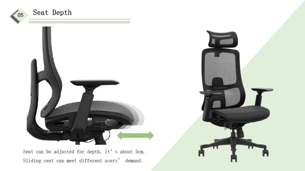 Office chair with sliding seat depth adjustment.