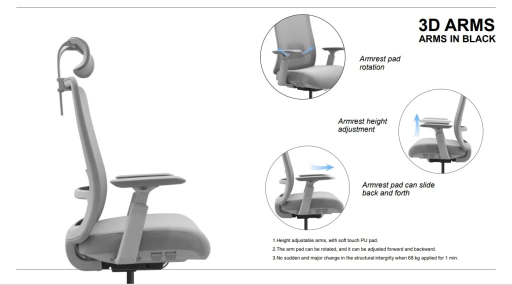Office chair with 3D adjustable soft PU armrests.