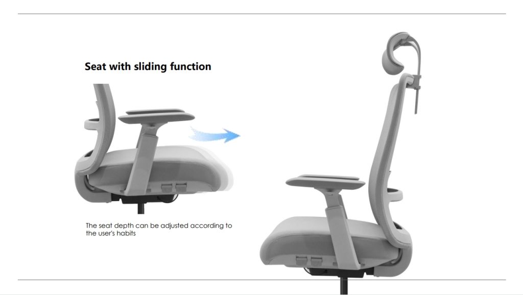 Office chair with sliding seat for depth adjustment.