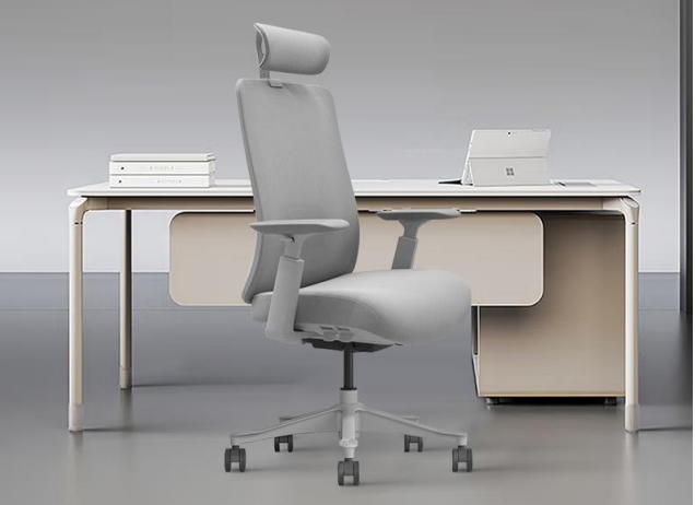 Office chair with height-adjustable neck rest.