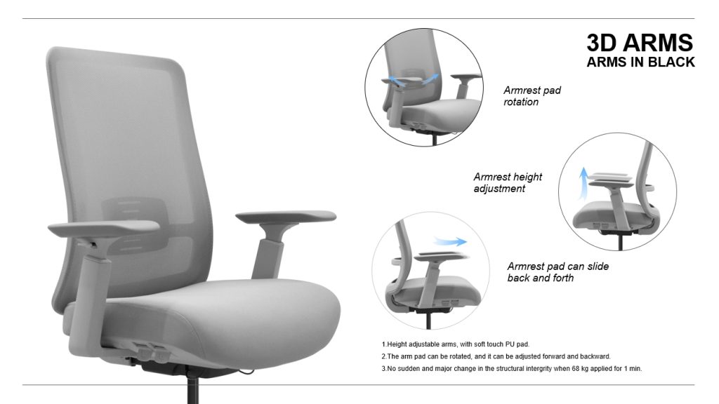 Office chair with 3D adjustable armrests.