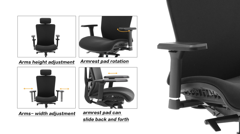 Office chair with 3D adjustable armrests.
