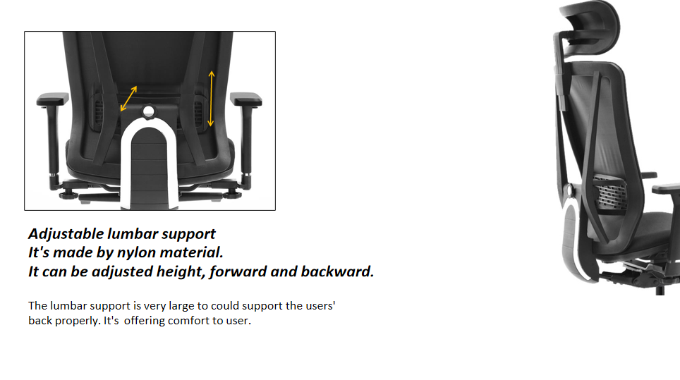 Office chair with multi-directional lumbar adjustment.