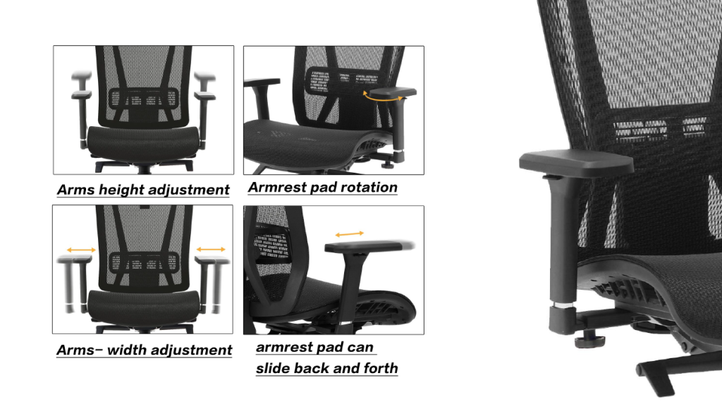Office chair with 4D armrests and width adjustment.