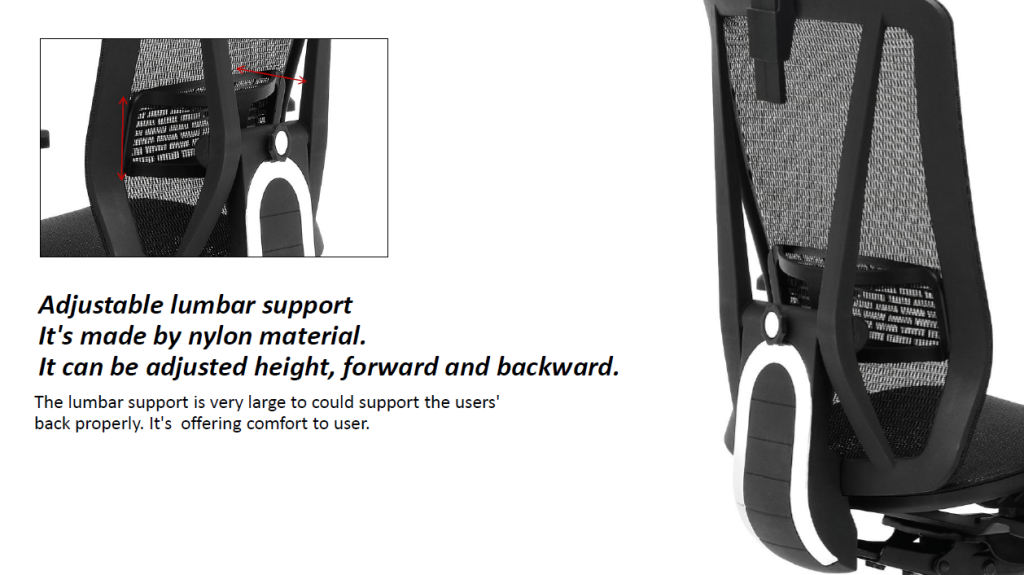 Office chair with height and depth-adjustable lumbar support.