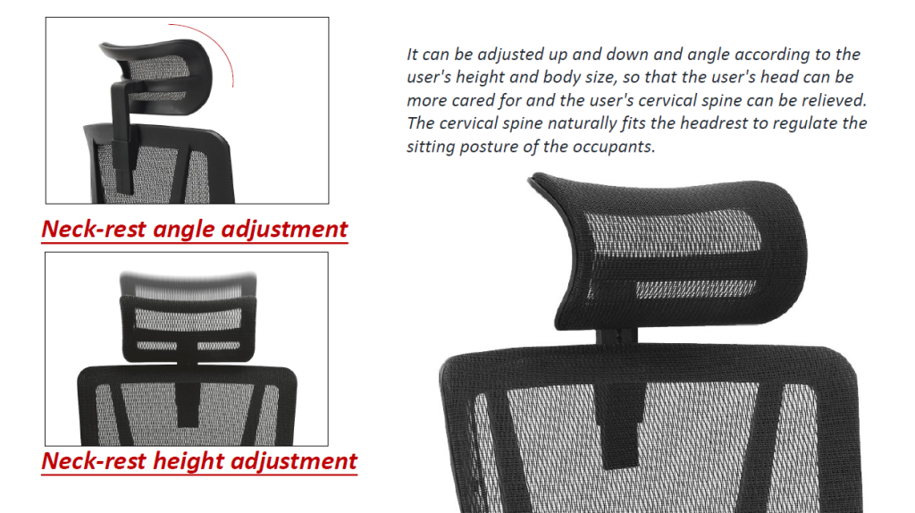 Office chair with height and angle-adjustable headrest.
