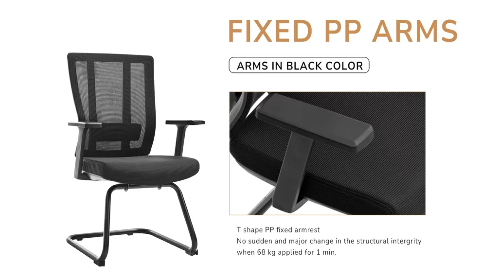 Office chair with T-shaped fixed armrests.