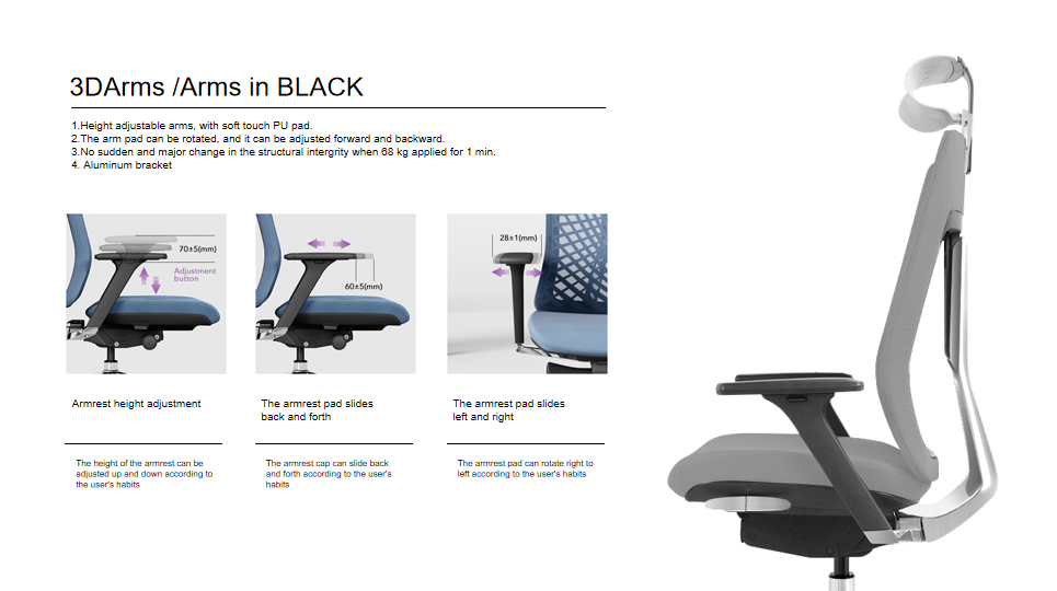 Office chair with 3D adjustable armrests (height, slide, rotation).