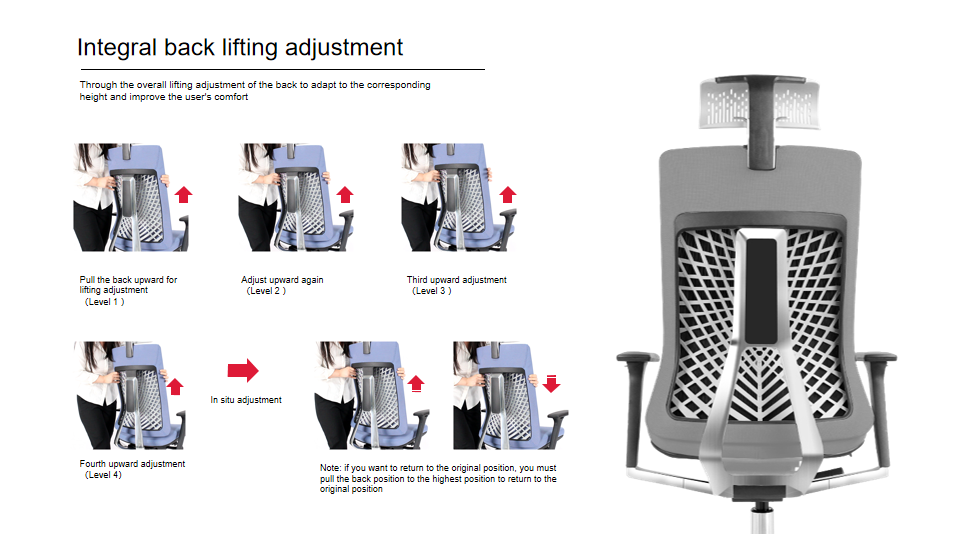 Office chair with adjustable backrest height and integrated swing mechanism.