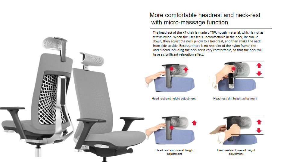 Office chair with height-adjustable neck rest for ergonomic cervical support.