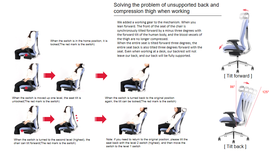 Office chair with sliding seat and forward tilt for enhanced comfort.