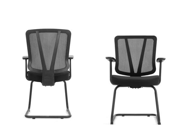Office chair with cantilever steel frame.