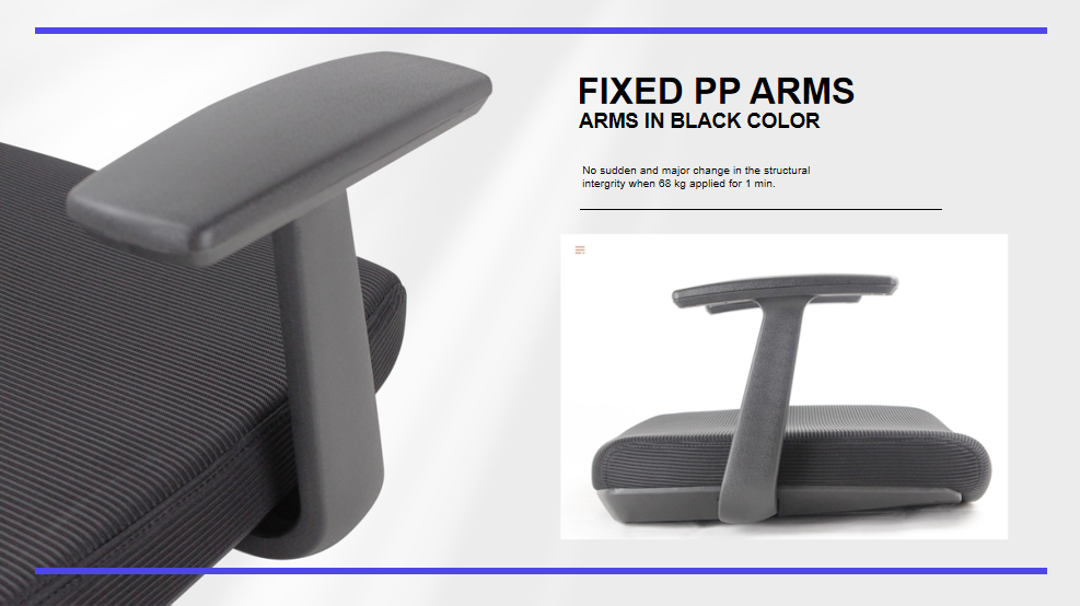 Office chair with fixed polypropylene armrests.