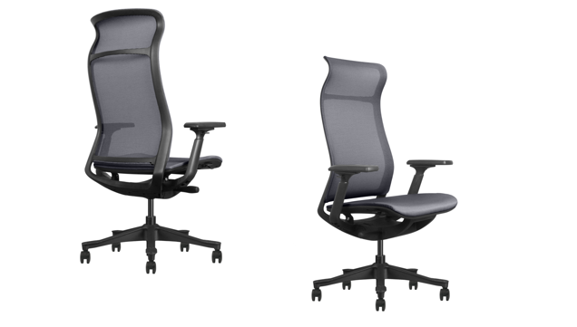 Office chair with one-piece high backrest and integrated headrest.