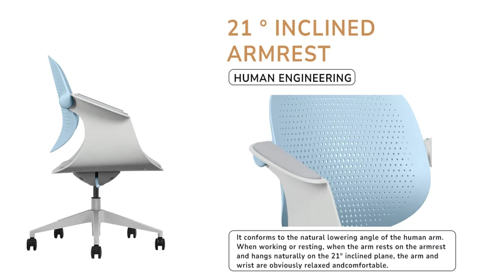 Office chair with 21° ergonomic armrest angle.