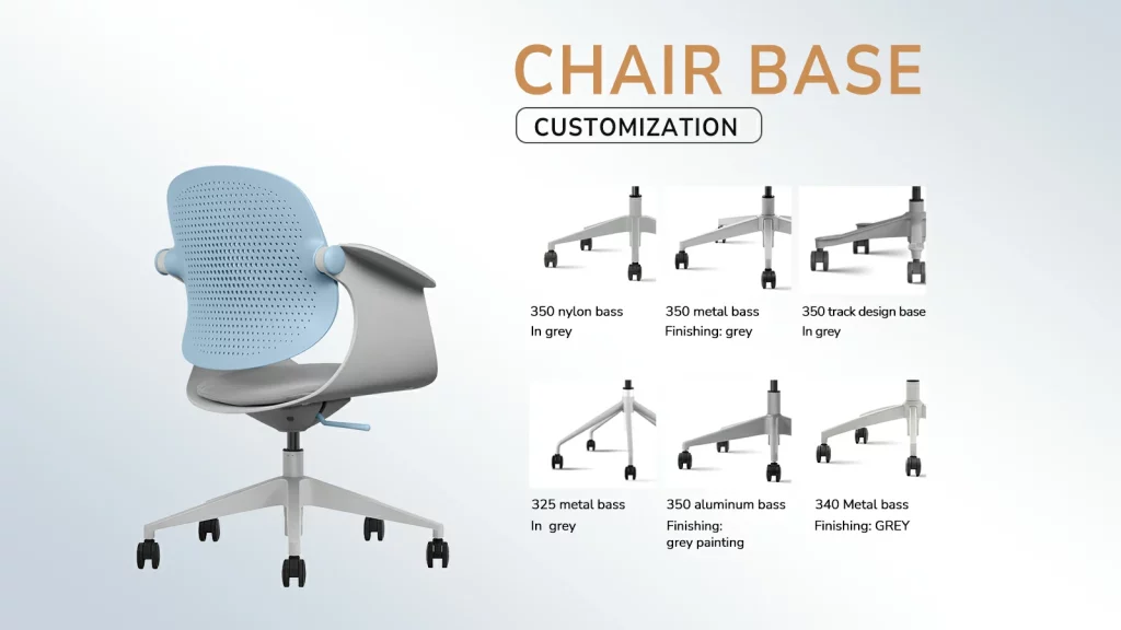 Office chair with customizable nylon, aluminum, or metal base.