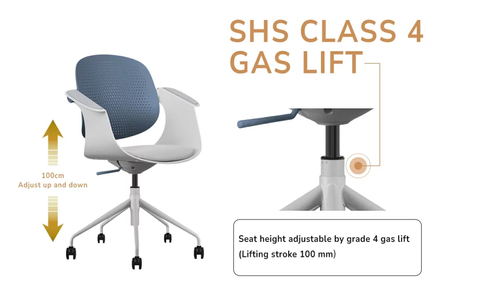 Office chair with pneumatic height adjustment lever.