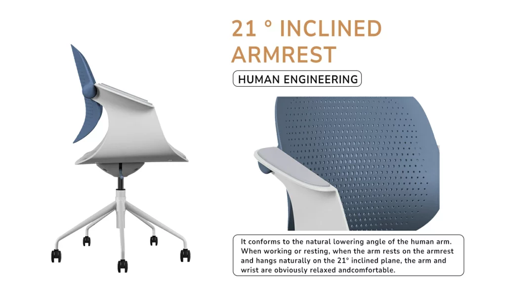 Office chair with 21° inclined ergonomic armrests.