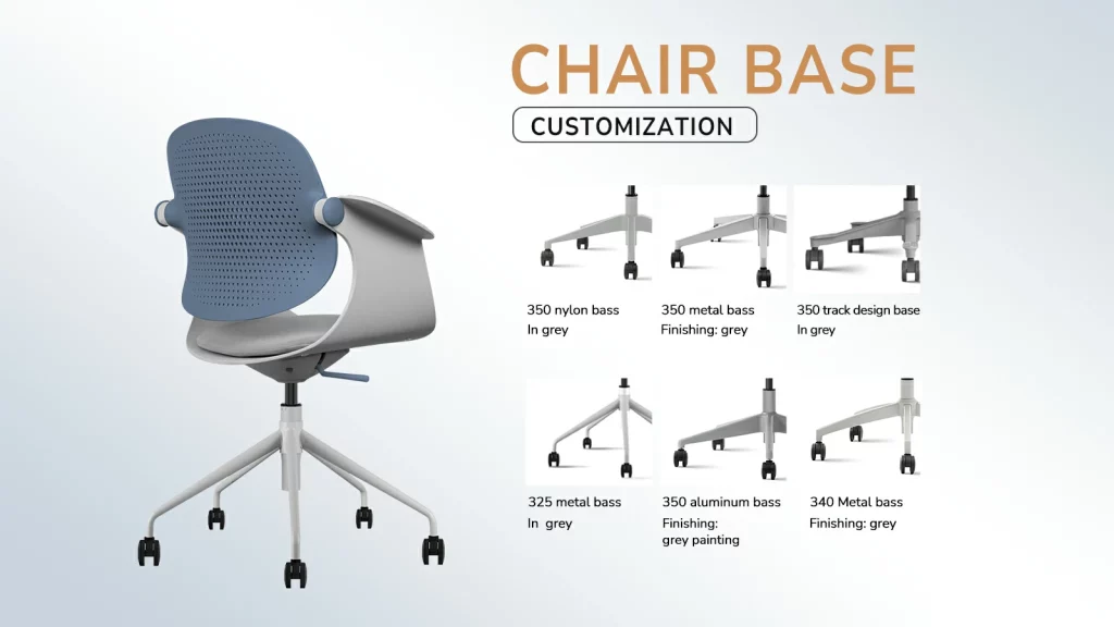 Office chair with customizable base options and smooth-rolling casters.