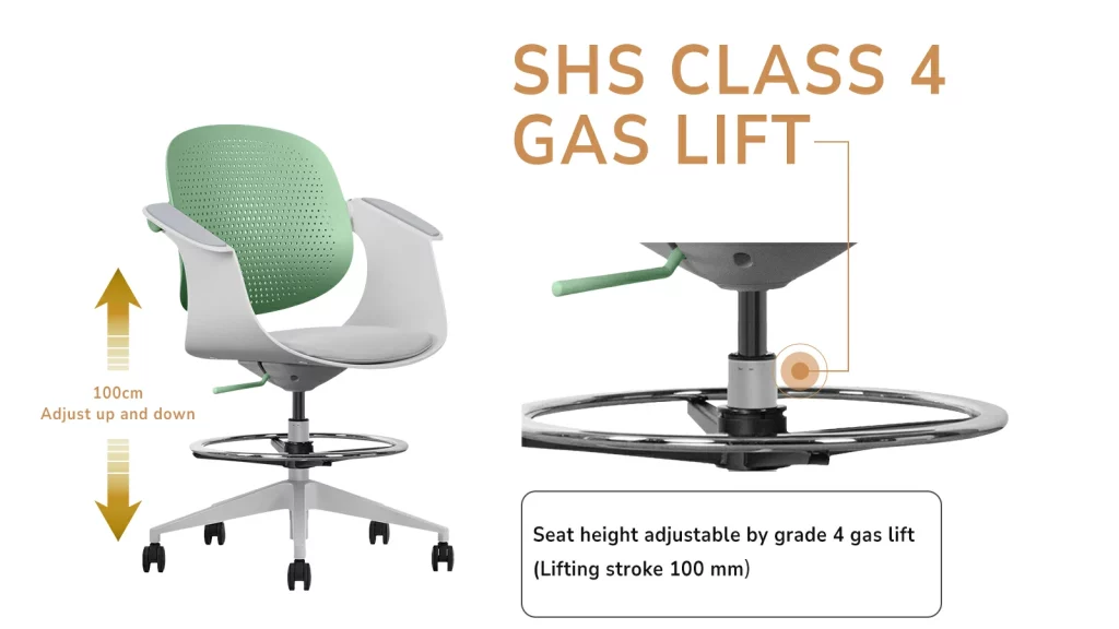Office chair with SHS Class 4 gas lift and 100mm height adjustment.