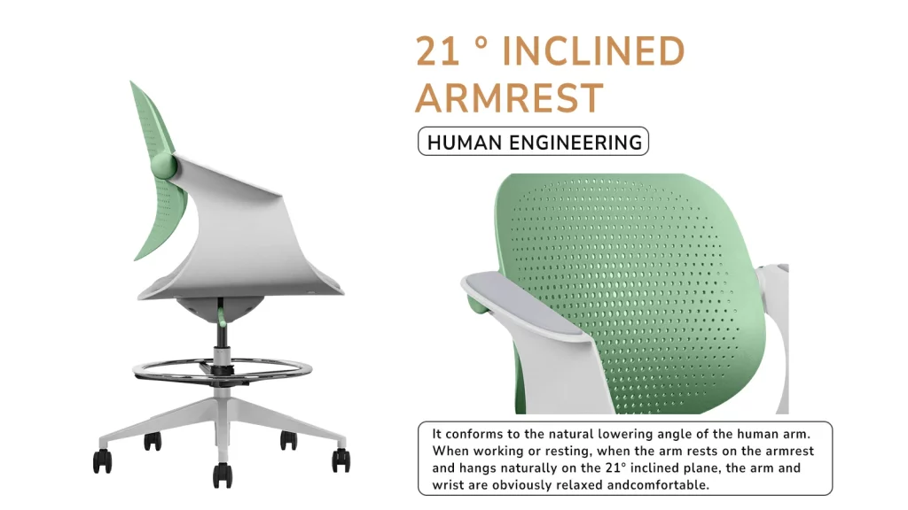 Drafting chair with 21° inclined ergonomic armrests.