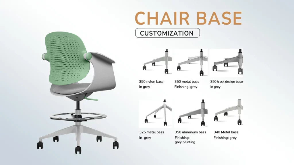 Office chair with customizable nylon, metal, or aluminum base options.