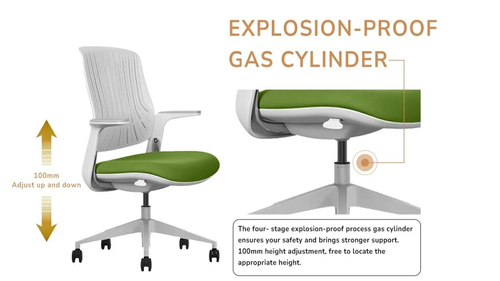 Office chair with adjustable seat height via gas lift.