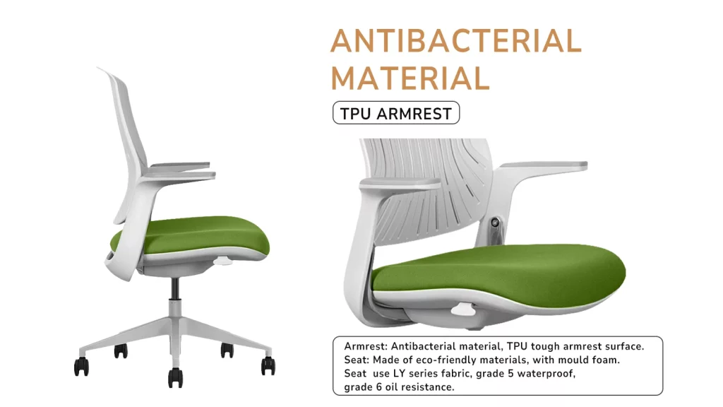 Office chair with integrated PU armrests for ergonomic support.