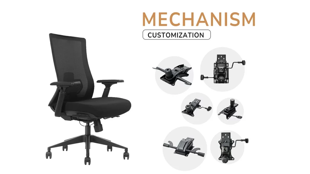 The chair mechanism controls movement, height, and recline, ensuring smooth, stable, and quiet operation for comfort and durability.