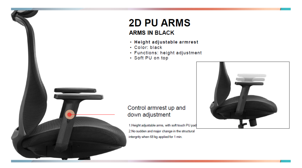 Office chair with height-adjustable armrests.