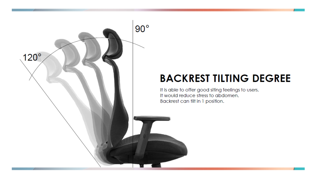 Office chair with reclining backrest, tilt-tension control, and lockable positions.