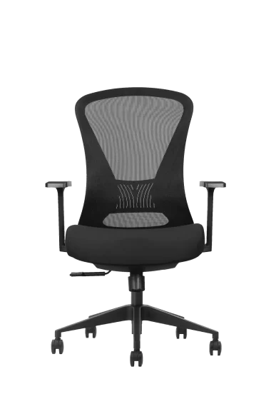 Black mesh office chair with big lumbar support