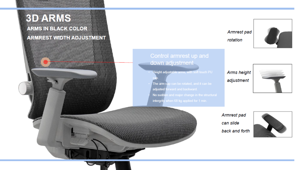 Office chair with 3D adjustable armrests.