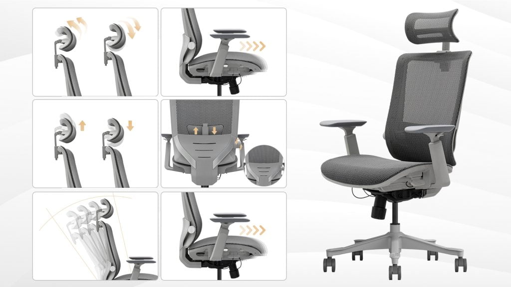 Office chair with adjustable neck rest (height and angle).