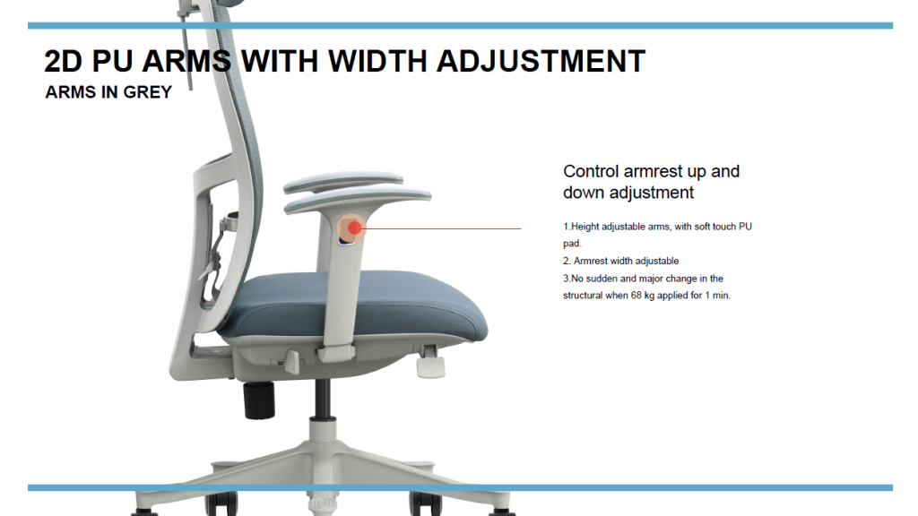 Office chair with 2D adjustable PU armrests.