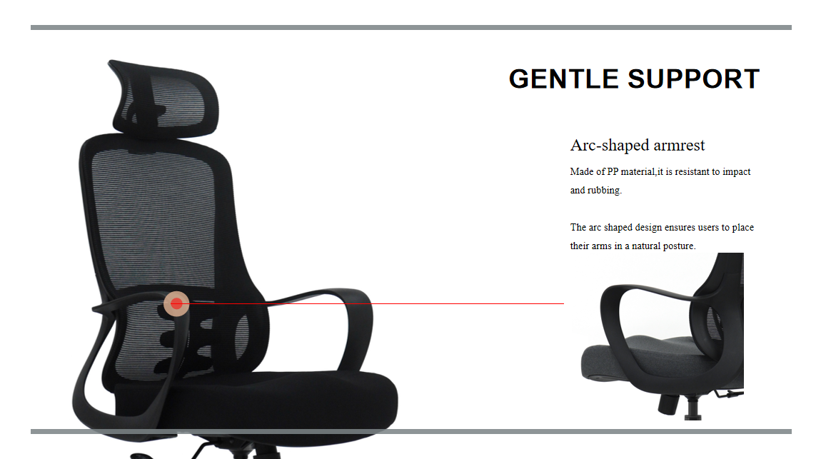 Arc-shaped fixed armrests for natural arm support and less shoulder strain