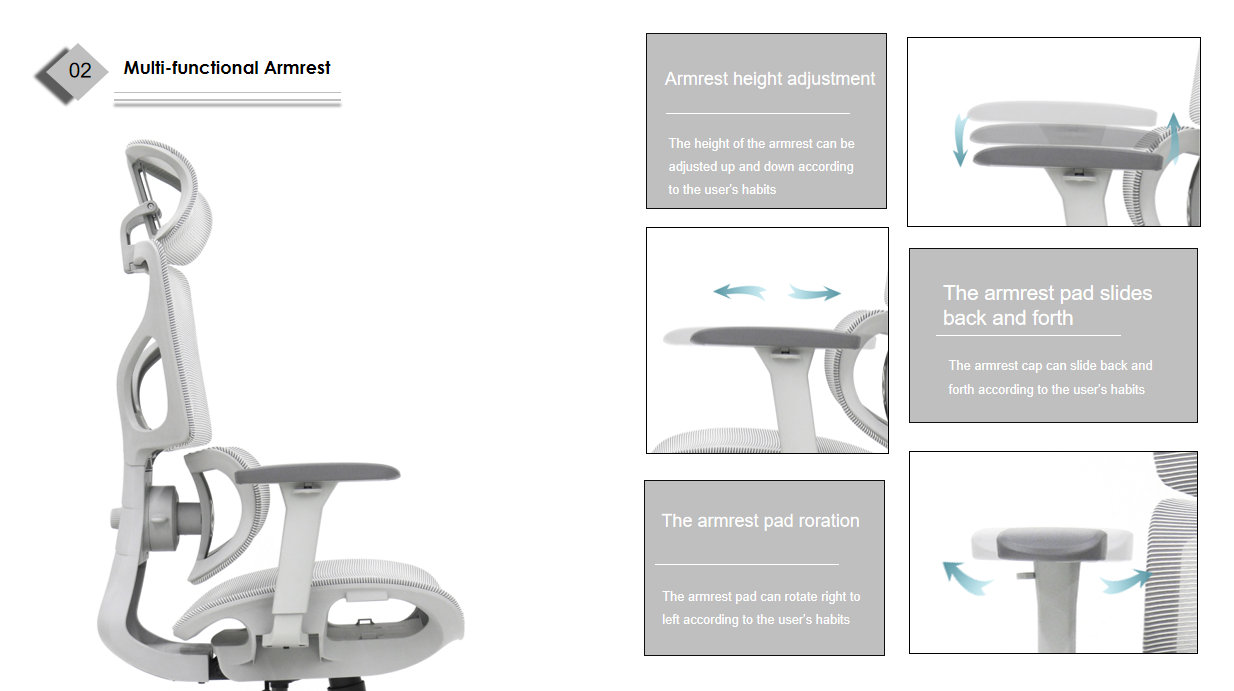 Office chair with 3D adjustable armrests.