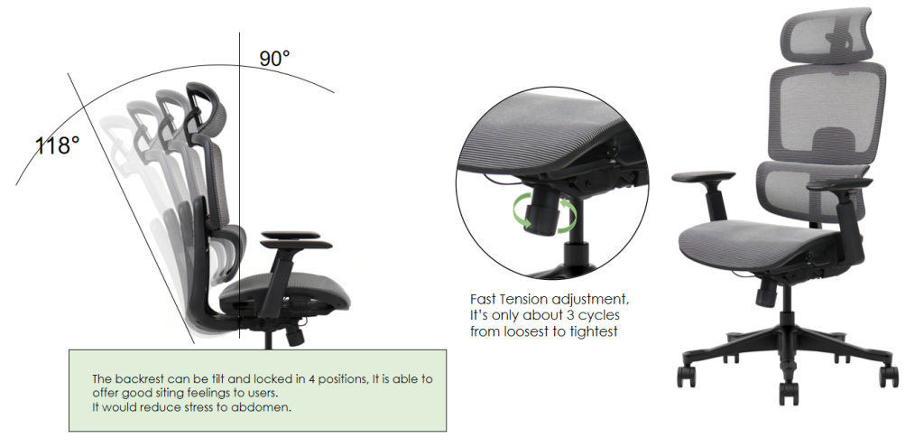 Adjustable ergonomic office chair with tiltable and lockable backrest