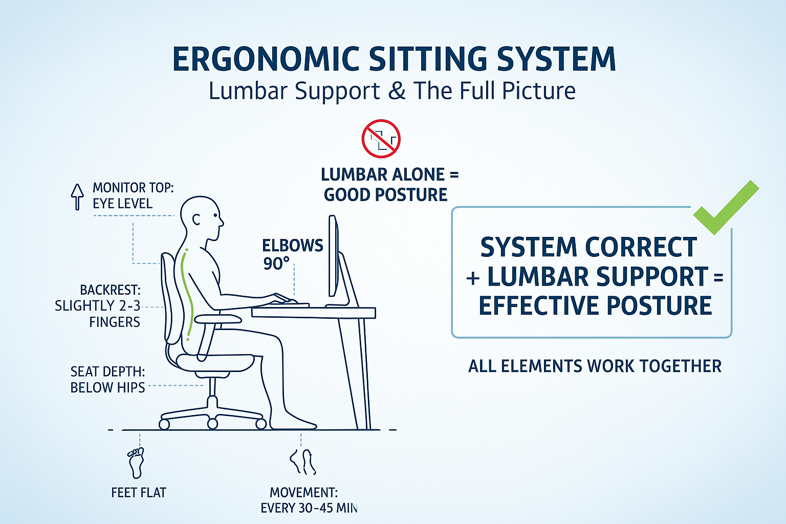 Align lumbar support with desk and monitor height to avoid leaning forward.