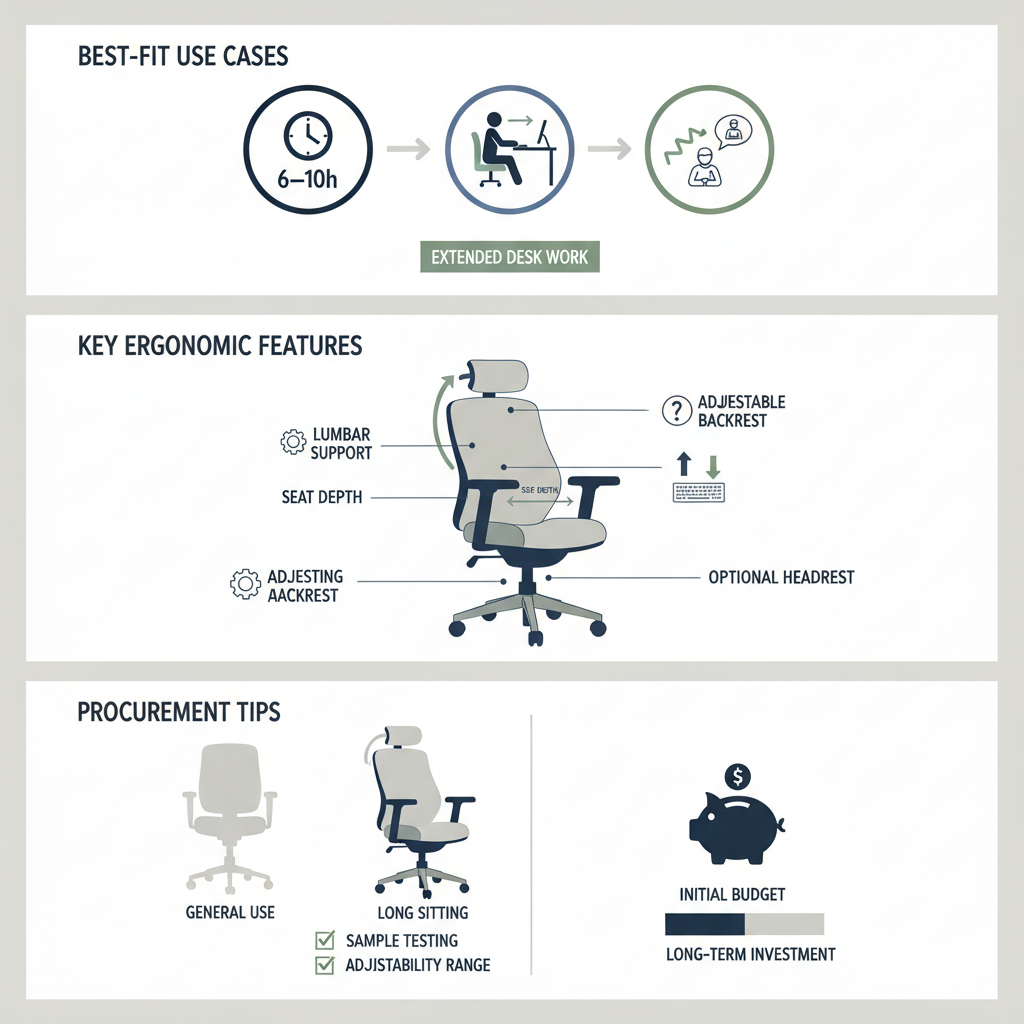 Types of office chairs showing an ergonomic office chair for long-duration desk work